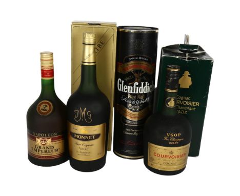 A bottle of Glenfiddich Special Reserve Scotch Whiskey, a Napoleon Grand Emperor Fine French Brandy, a 1 litre bottle of Monn