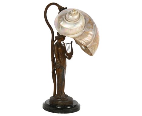 A table lamp with brass figure support, on marble plinth, with seashell shade, H32cm 