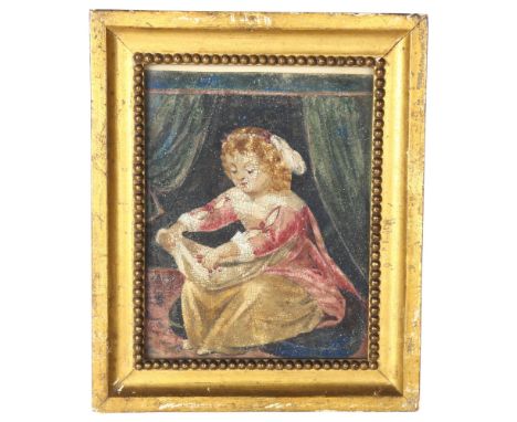 Mid-19th century oil on board portrait of a young girl, indistinct inscription verso dated 1850, original gilt frame, overall