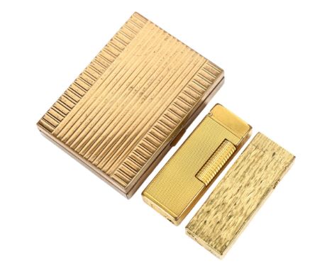 DUNHILL - 2 gold plated Dunhill lighters, differing designs, and a Vintage gold metal compact (3) 