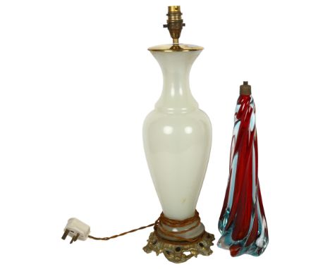 A milk glass Art glass table lamp, and 1 other, largest height 50cm 