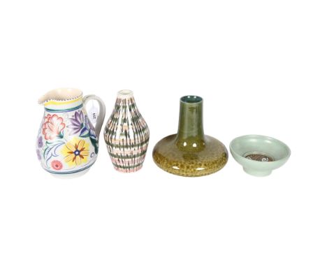POOLE POTTERY - a Poole Pottery hand painted jug, a Poole Pottery vase, and a long-neck vase, unsigned etc, largest H20cm (4)
