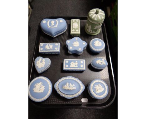A tray of twelve Wedgwood Jasperware lidded pots and trinket dishes 