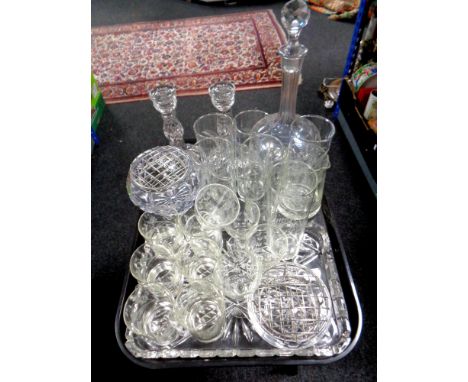A tray of assorted glass ware : decanter, candlesticks, etched drinking glasses, trinket tray 