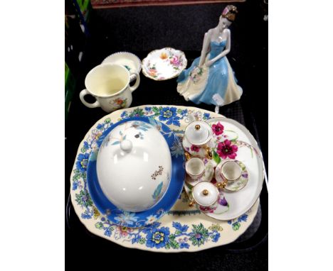 A tray of assorted china to include Masons meat plate, Royal Crown Derby and Poole dish, Coalport figure 'Special Birthday', 