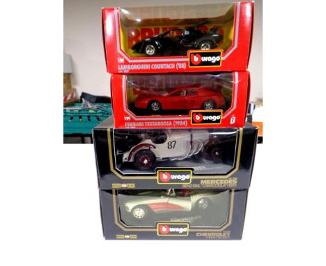 Four Burago die cast vehicles 1/18 and 1/24 scale to include Mercedes, Chevrolet, Lamborghine and Ferrari (boxed)    