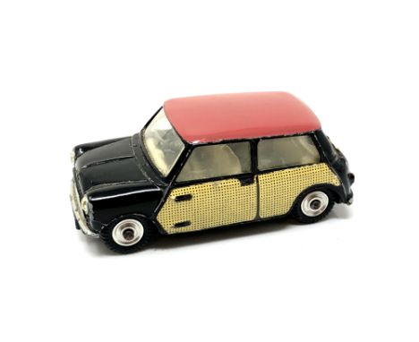 Corgi 227 Morris Mini Cooper die cast car, black body with red roof, gold wicker work decal doors, unboxed 