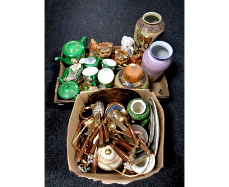 Two boxes of miscellany to include oriental wares, tea service, foo dogs, teak and brass cutlery etc 