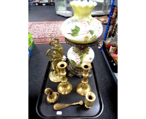 A tray of pair of brass figures, candlesticks, brass wares, electric oil lamp with hand painted glass reservoir and shade 