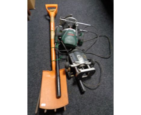 A box of Bosch BH &amp; Pro routers, garden spade and fork, set of heavy duty loppers 