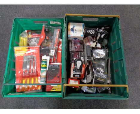 Two boxes of new tools to include chisel sets, woodworking planes, drill bits, boxed security light bulbs etc 