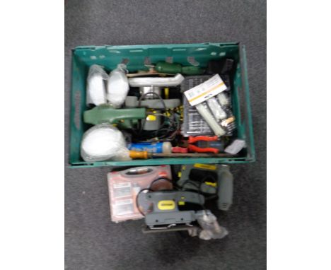 A box of power tools, hand tools and hardware to include electric staple gun, sander, circular hand saw etc