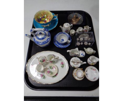 A tray containing cabinet china to include Spode Italian blue and white miniature teapot, coffee cup and saucer, Hammersley a