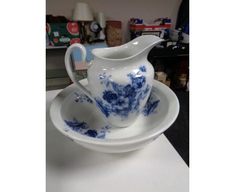 A Victorian blue and white jug and basin 