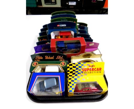 A tray containing 22 die cast vehicles to include Corgi, Eddie Stobbart and Motoring Memories, Maisto super car collection (b