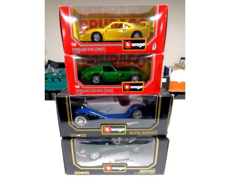 Four Burago die cast vehicles 1/18 and 1/24 scale to include Alpha Romeo, Jaguar and Ferrari (boxed) 