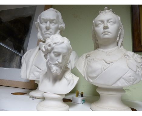 A Victorian Parianware bust portrait of a gentleman Richard Colden. 41cm high, a bust of Queen Victoria and another of Christ