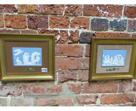 Two Wedgwood blue Jasper ware plaques of classical figures after the original models by John Flaxman Jnr c. 1786. Framed. 10 