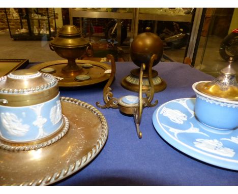 Five blue Jasper ware mounted brass desk pieces to include three inkwells, a compass and a string holder.