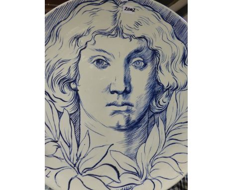 A large late Victorian T.C. Brown-Westhead Moore &amp; Co pottery plaque/charger, blue and white decoration with a classical 