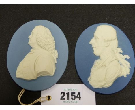 Two antique Wedgwood and Bentley blue Jasper ware oval portrait plaques. One of Benjamin Franklin after Patricia White and th