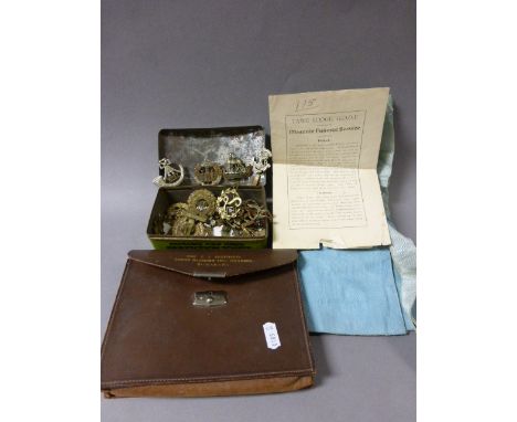 Tin of Military Cap Badges and a Leather Cased Masonic Sash and Ephemera
