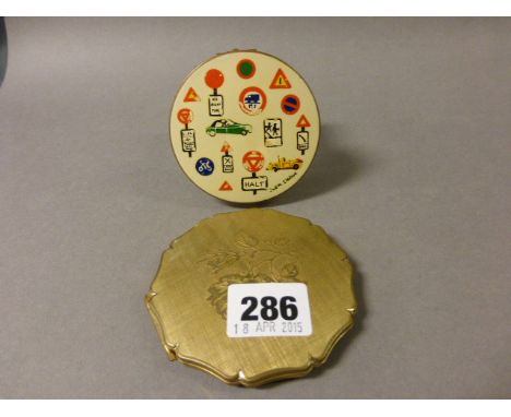 Vintage Stratton Compact with Lid decorated with Traffic Signs designed by Judith Eledsoe plus another Stratton Compact