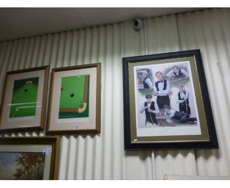 Snooker Interest, Limited Edition Collage Print of Snooker Greats signed by Steve Davies plus Two Snooker Lithographs