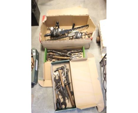 Two Boxes of Mixed Vintage Tools and Three Hedge Trimmers