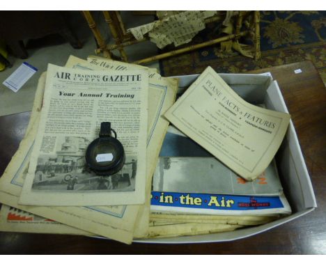 World War II MKIII Military Compass together with various Fighter Plane Postcards, Scrap Book, Magazines, etc