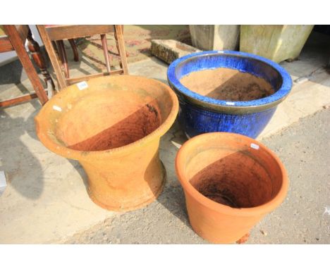Two Clay Garden Planters and a Blue Glazed Garden Planter