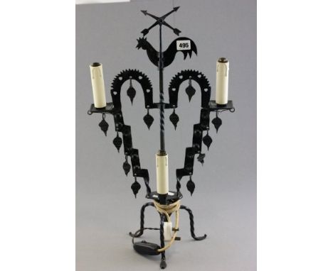 Wrought Iron Three Branch Table Lamp in the form of a Weather Vane over stand with hearts