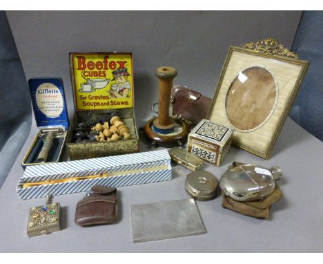Group of Small Mixed Collectables including Hip Flask, Ronson Lighter, Picture Frame, Part Chess Set, Egg Timer, Trinket Boxe