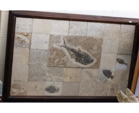 Large Framed Mosaic of Stone Squares with a Fossil of Fish to centre