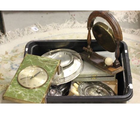 Silver Plated Tea Service together with other Silver Plate, Brass Gong on Oak Stand and a Retro Clock