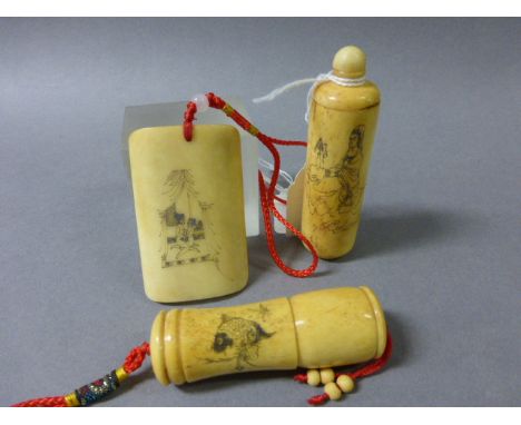 Three Bone collectable's including Snuff Bottle, Erotic decorated piece and Inro with Fish
