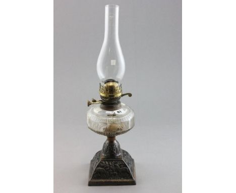 Victorian Oil Lamp with Cast Iron Base depicting Deer