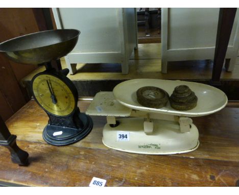 Set of Vintage Harper Enamel Scale and Weights plus a Set of Salter Family Scales