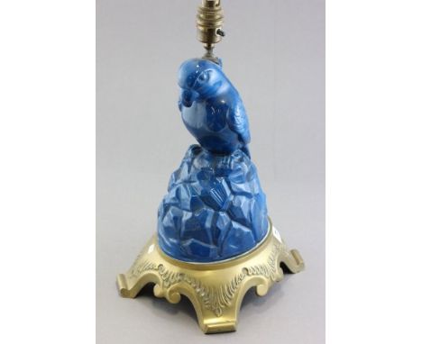 Early 20th century Table Lamp in the form of a Blue Ceramic Parrot on Brass Base
