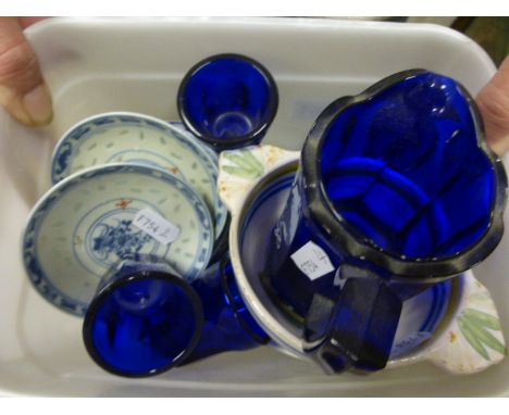 Group of Japanese Saki Items including 5 Tea Bowls, 5 Saucers, 3 Small Bowls and 6 Spoons plus a Small Quimper Quiche plus Sm