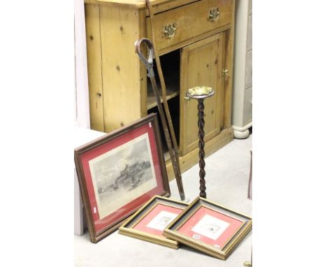 Two Signed Continental Engravings, Print of Windsor Castle together with Ashtray on Barleytwist Stand, Walking Stick and Shoo