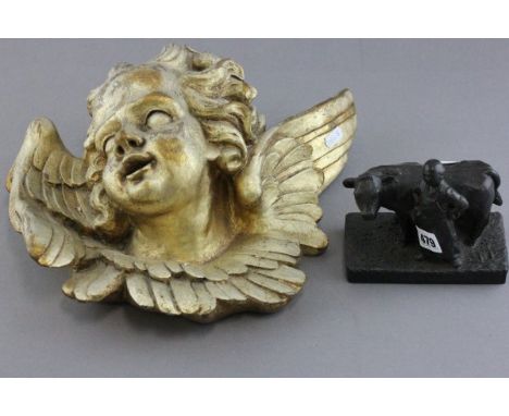 Carved Gilt Wooden Cherub Wall Plaque plus a Bronze Effect Style Man with Cow