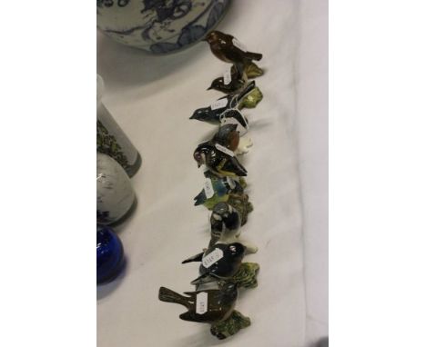 Seven Beswick Birds - Wren, Grey Wagtail, Goldfinch, Robin, Blue Tit, Whitethroat, Bullfinch plus Two Goebel Birds