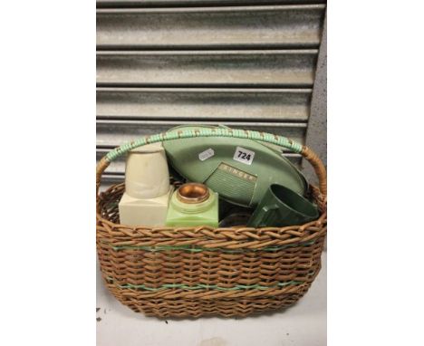 Wicker Basket containing various 1950's Picnic ware including Bakelite Bandalasta ware, Thermos Flasks, Stacking Cups, etc pl