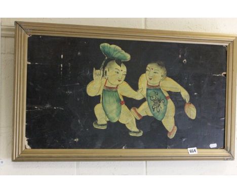 Oriental School, Antique Oil Painting on  Panel Portrait of Two Dancing Figures, unsigned, wax seal on verso