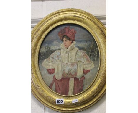 19th century School Oval Gilt Framed Oil Painting Portrait of Lady in Bonnet with Muff