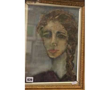 Oil on Panel Modernist Portrait of a Young Woman with Pig Tailed Hair