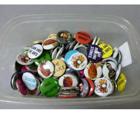 Approximately 95 Rock & Pop Badges including Queen, Elvis, Adam and the Ants, Rolling Stones, Rod Stewart, etc