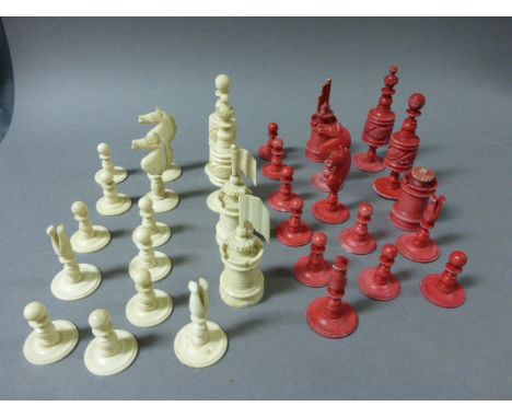 Bone Chess Set with stained red and white pieces