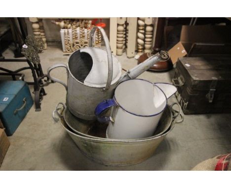 Two Zinc Wash Baths, Watering Can and an Enamel Jug